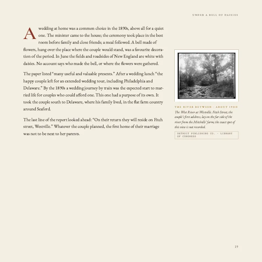 Text about home weddings in the 1890s, with a photograph of the West River.