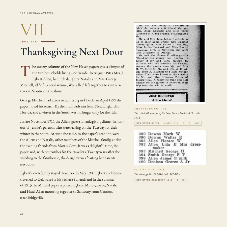 The chapter 'Thanksgiving Next Door', with a newspaper clipping and a directory street guide.